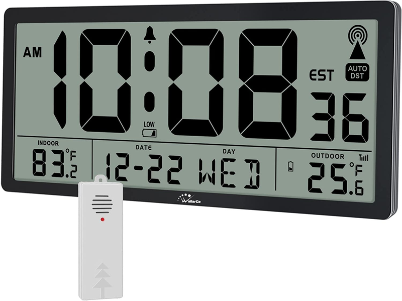Auto Set Large Digital Wall Clock Battery Operated with Temperature, 14