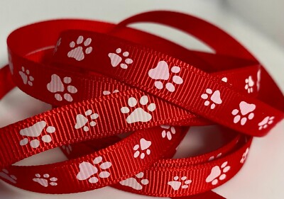 Grosgrain Ribbon - Paw Prints, Red With  White Paws - 3/8 In. Wide, 10 Yards!