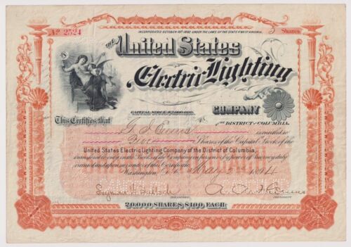 1894 United States Electric Lighting Company Stock Certificate West Virginia