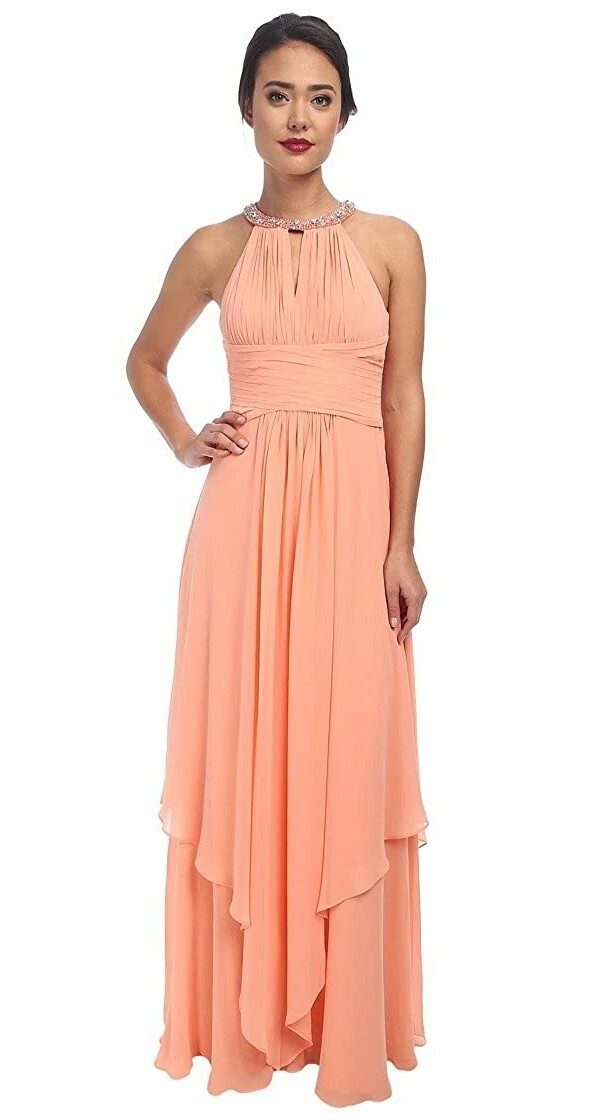 Donna Morgan 243212 Womens Siena Beaded Halter Maxi Dress Peach Fuzz Size 0