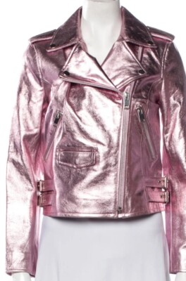 $800 Walter Baker LIZ  Pink Frost Metall Leather Moto Jacket  Size Medium