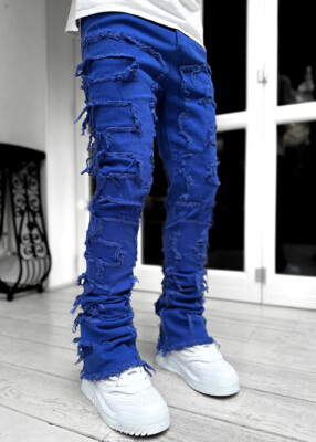 Stacked Jeans Men Skinny Ripped Jeans Slim Fit Patchwork Denim Pants