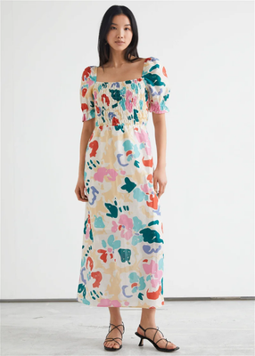 OTHER STORIES ABSTRACT PRINT PUFF SLEEVE SMOCK LINEN BLEND MIDI