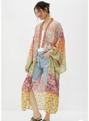 Anthropologie Прозрачное кимоно с цветочным принтом и длинными рукавами Розовый Розовый Коралловый Лаймовый O/S NWT