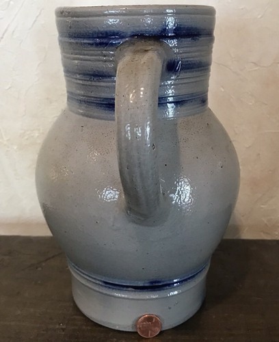 Vintage Country French Salt Glaze Stoneware Pottery Pitcher  Antique Cobalt Blue