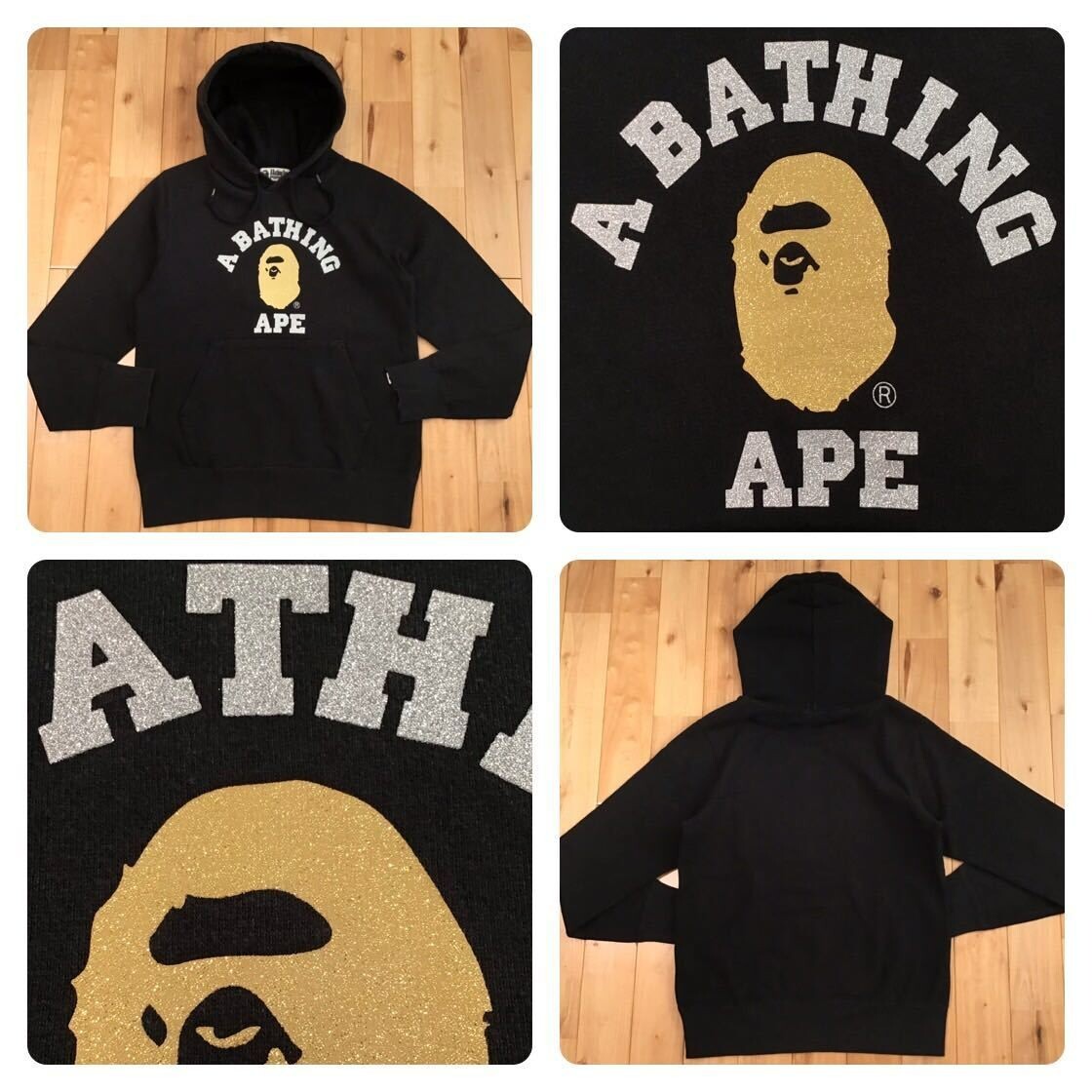 BAPE Glitter print college logo pullover hoodie Black A