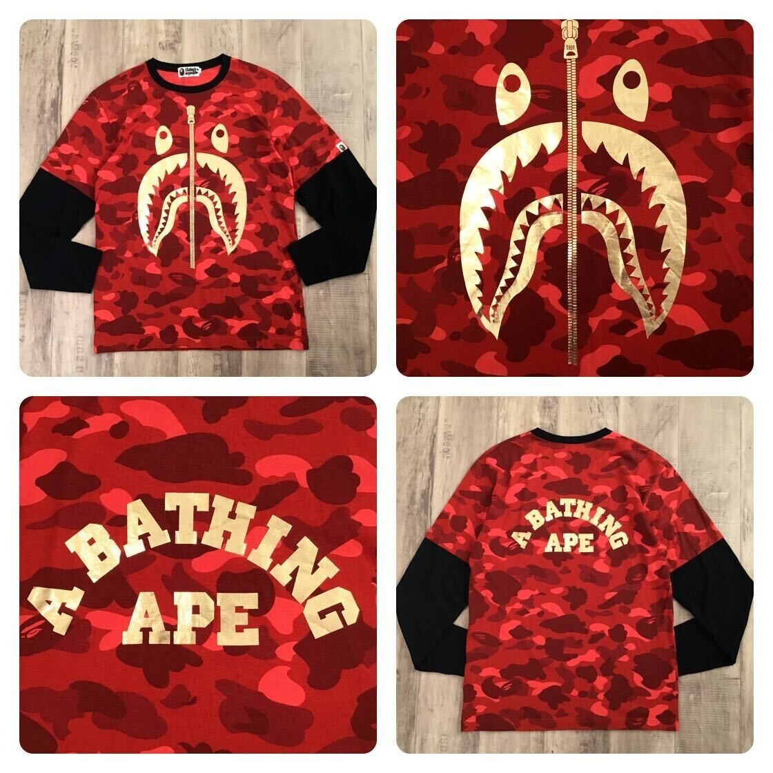 トップス A BATHING APE shark logo long sleeve BAPE Shark long sleeve T-shirt Gold × Red camo A Bathing Ape