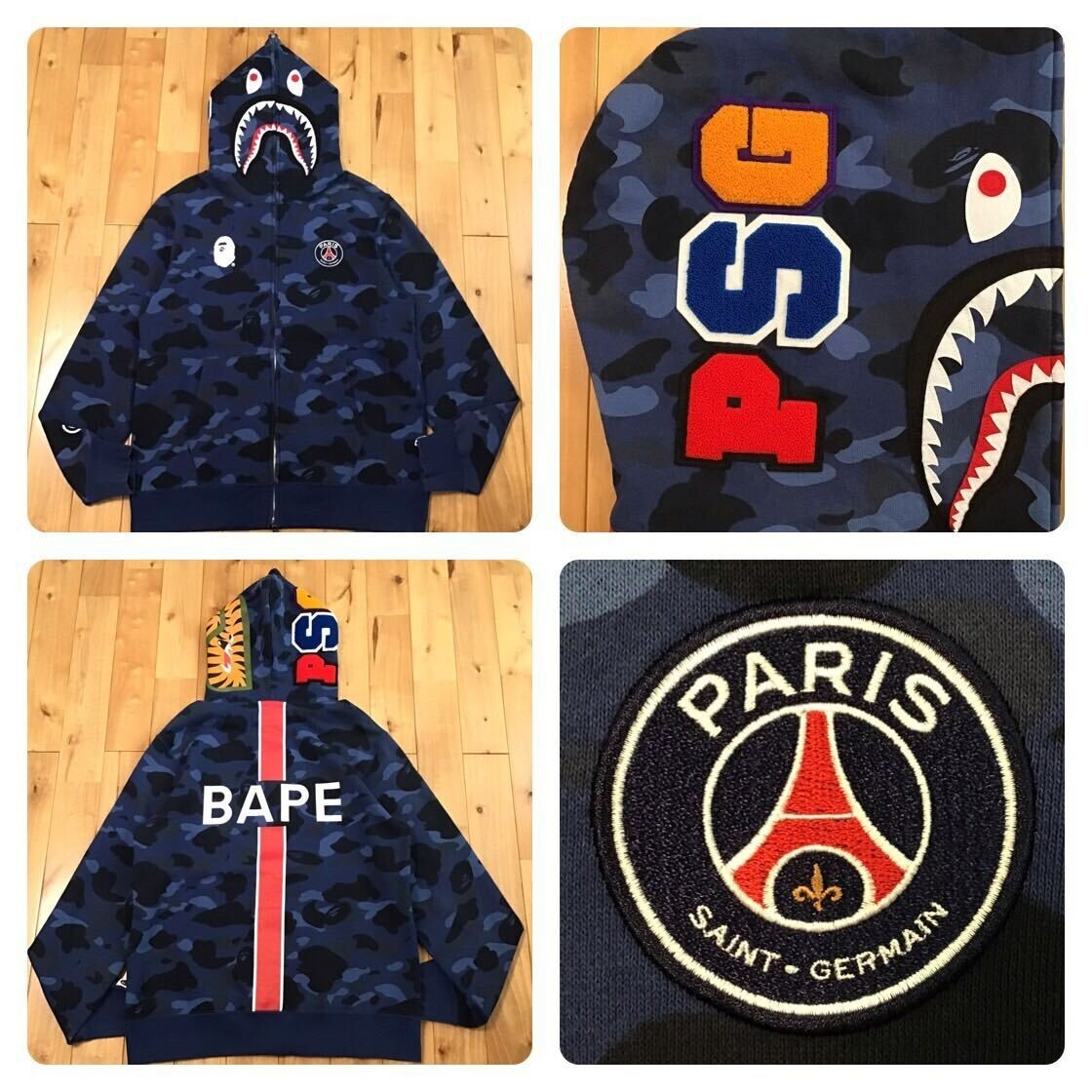 BAPE × PSG Shark full zip hoodie a bathing ape Blue camo