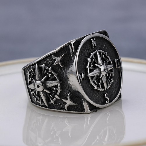 Mens Nautical Biker Marine North Star Anchor Ring Stainless Steel Gift
