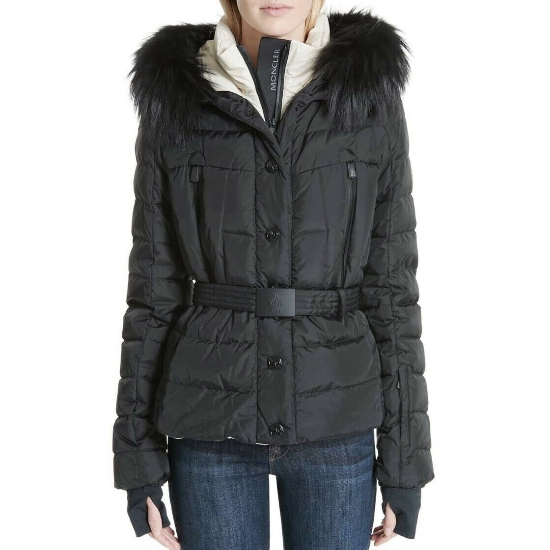 Pre-owned Moncler Grenoble Beverley 2tone Ski Jacket Down Puffer Belt Fox Fur Hood 1 S In Black