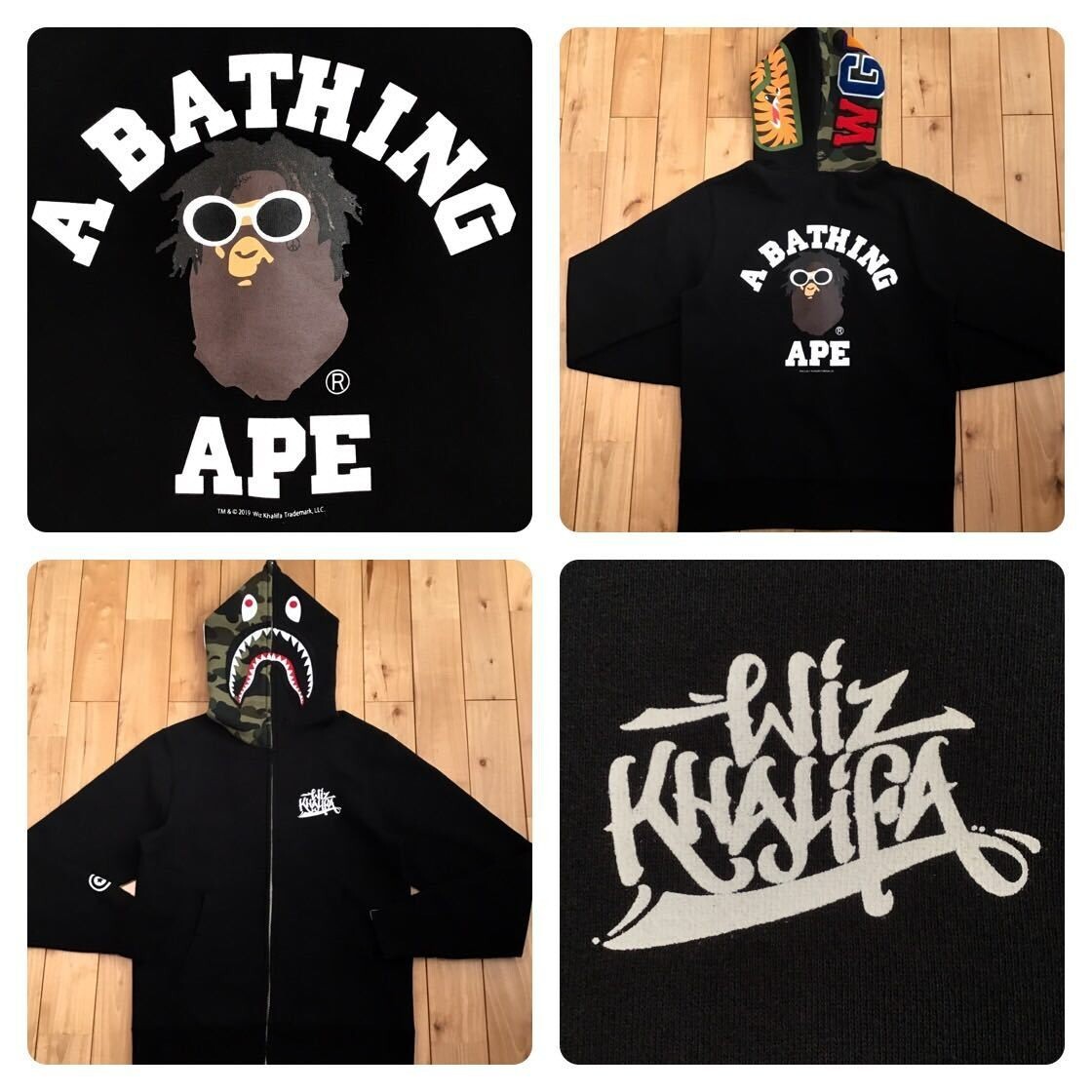 【BAPE】 a bathing ape x Wiz Khalifa ロンt BAPE × Wiz Khalifa Shark full zip hoodie BAPE camo Black A