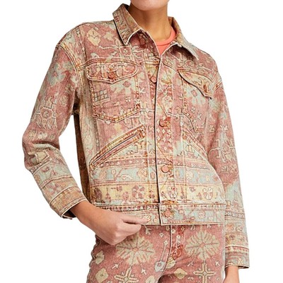 Pre-owned Mother Denim Mountain Drifter Geometric Denim Jacket Moroccan Rug Burn Size S In Red