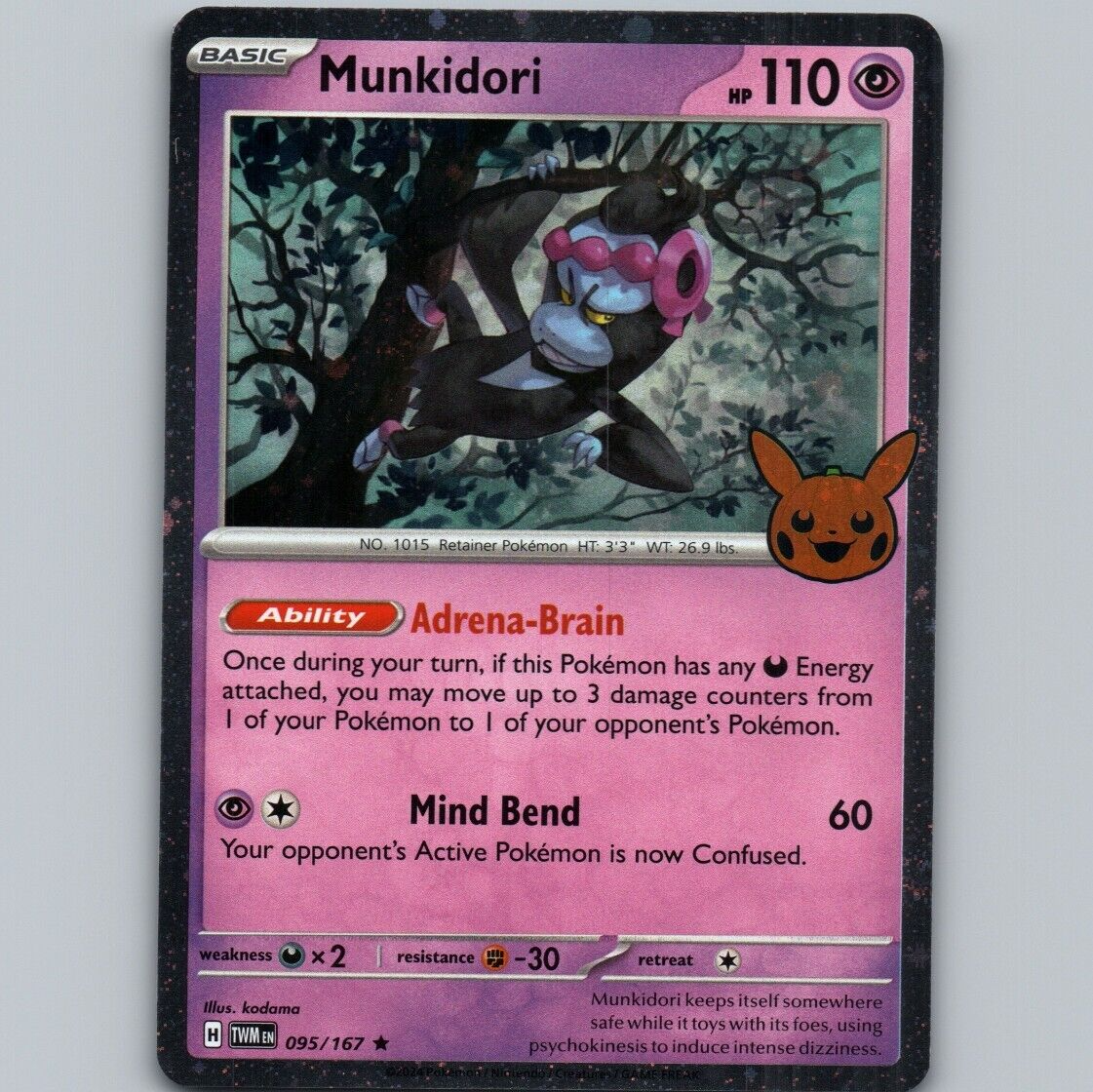 Munkidori 095/167 Cosmos Holo Rare - Pokémon TCG Halloween Munkidori 095/167 Cosmos Holo Rare - Pokémon TCG Halloween