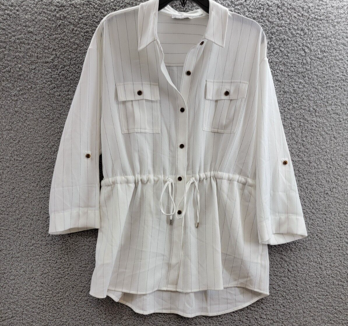 Calvin Klein Striped Drawstring-Waist Tunic Blouse Women's S Soft White Collared - Picture 2 of 17
