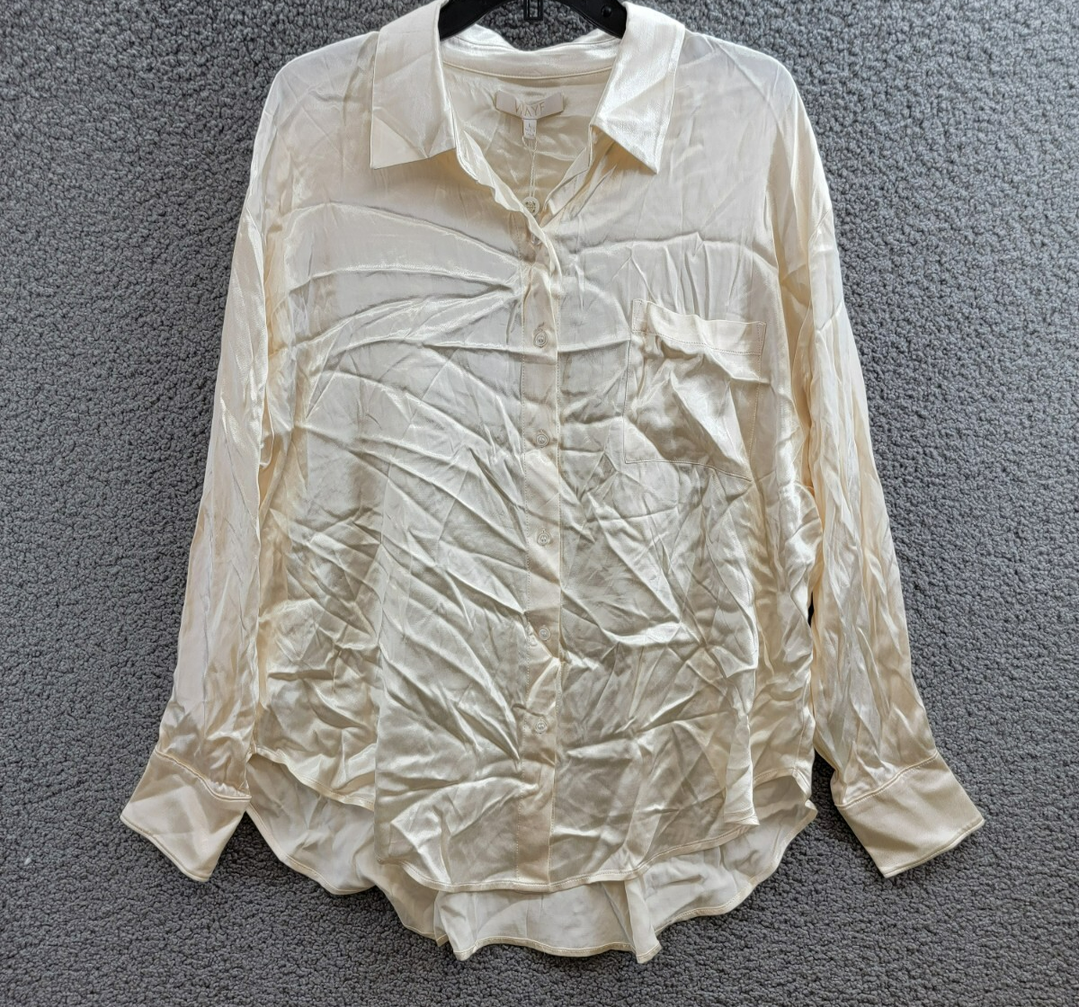 WAYF Fynn Satin Button Front Blouse Women's L Cream Patch Pocket Long Sleeve - Picture 2 of 19
