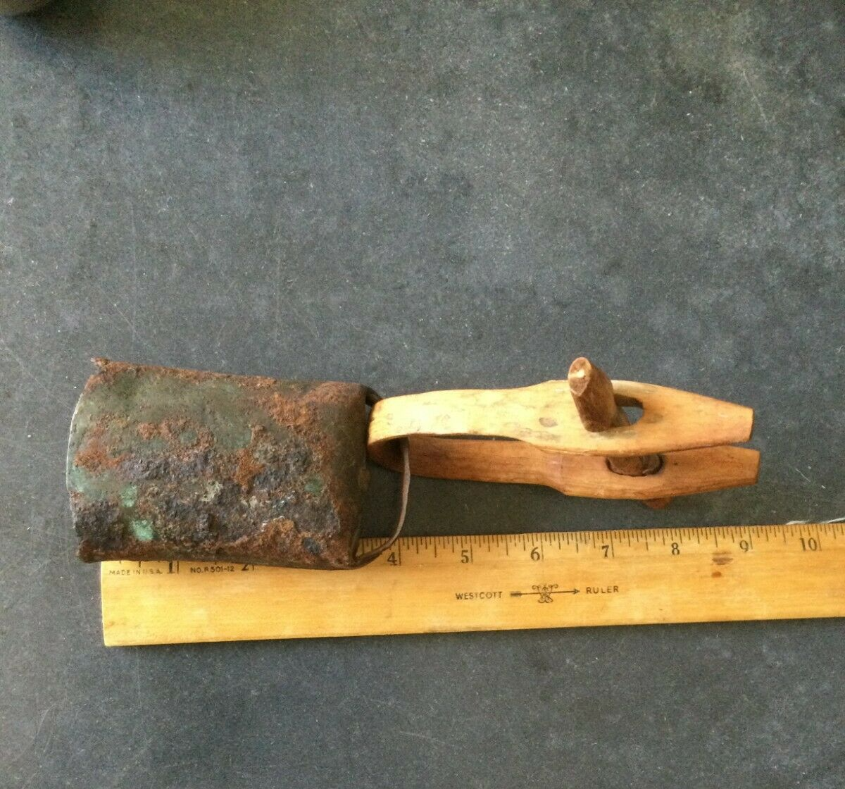 Antique Cast Iron Primitive Wood Hand  Hewn Cow Goat Sheep Bell Clapper Folk Art