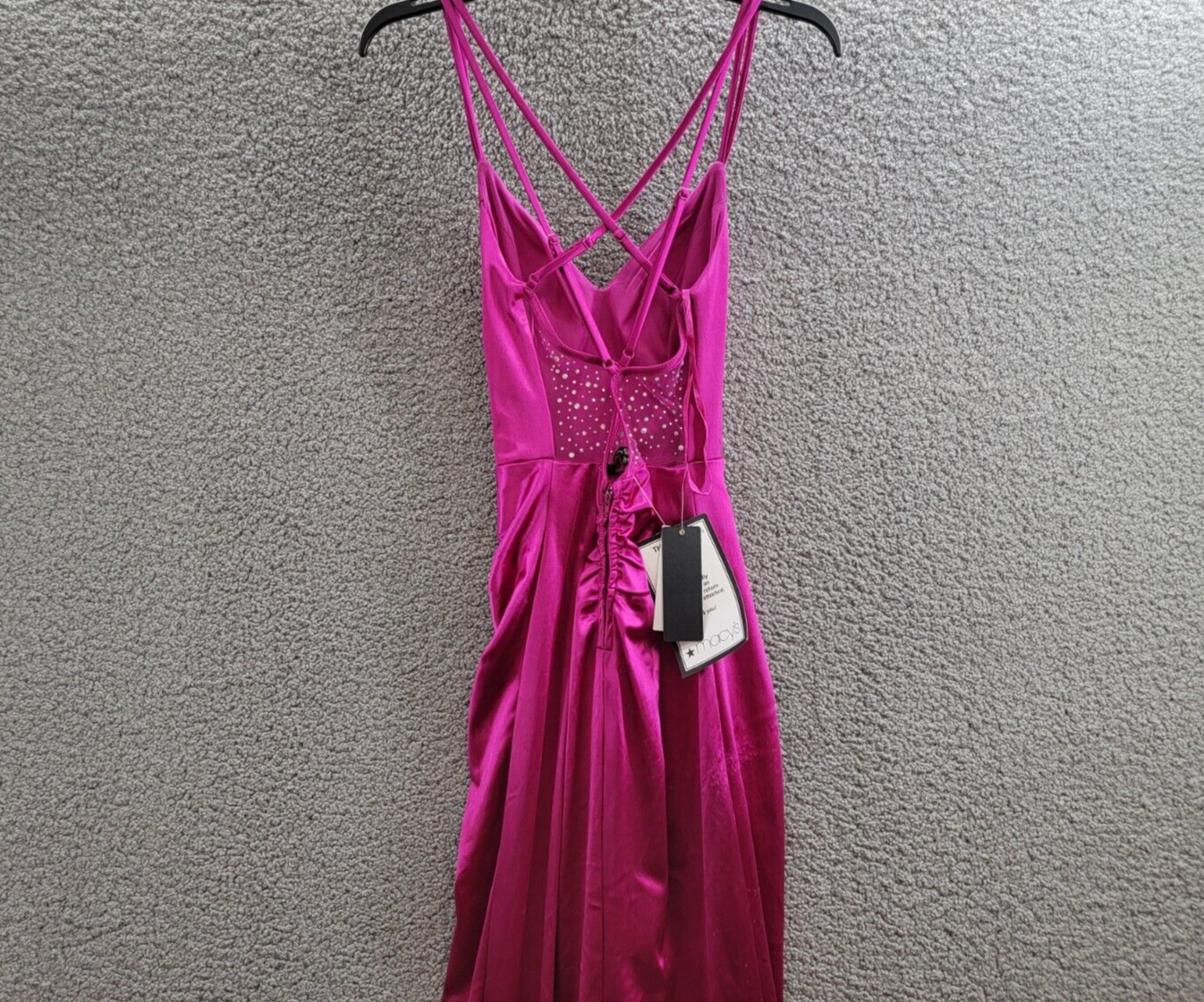 City Studio Satin Cross-Strap Mesh Embellished Back Gown Juniors 3/4 Deep Orchid - Picture 11 of 16