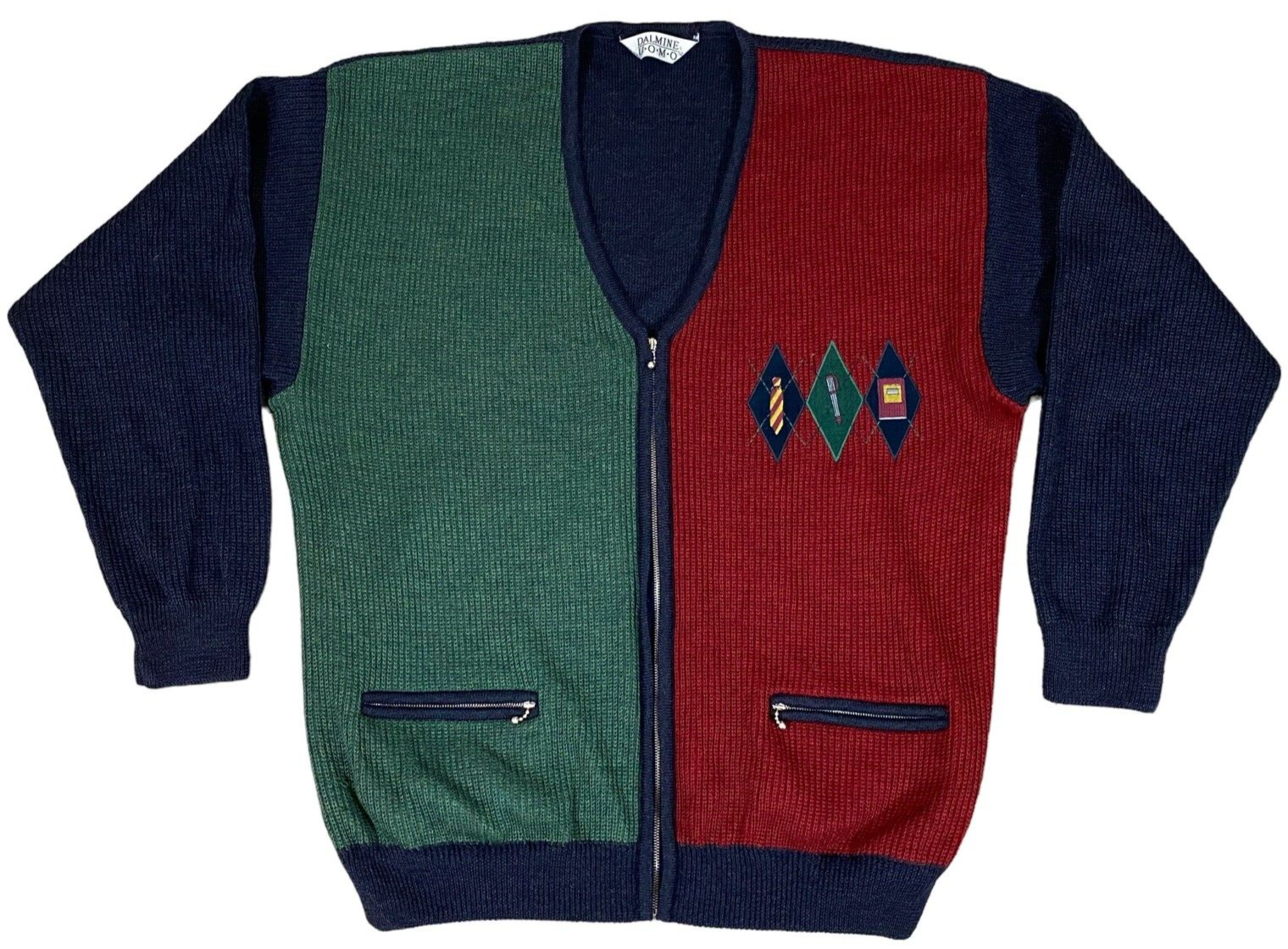VINTAGE Dalmine Uomo 100% Wool Zip Up Color Block Cardigan