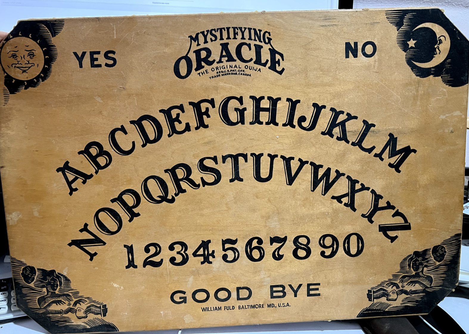 RARE! UNIQUE! Original 1940s Oversized Wooden Ouija Board William Fuld 22" x 15"