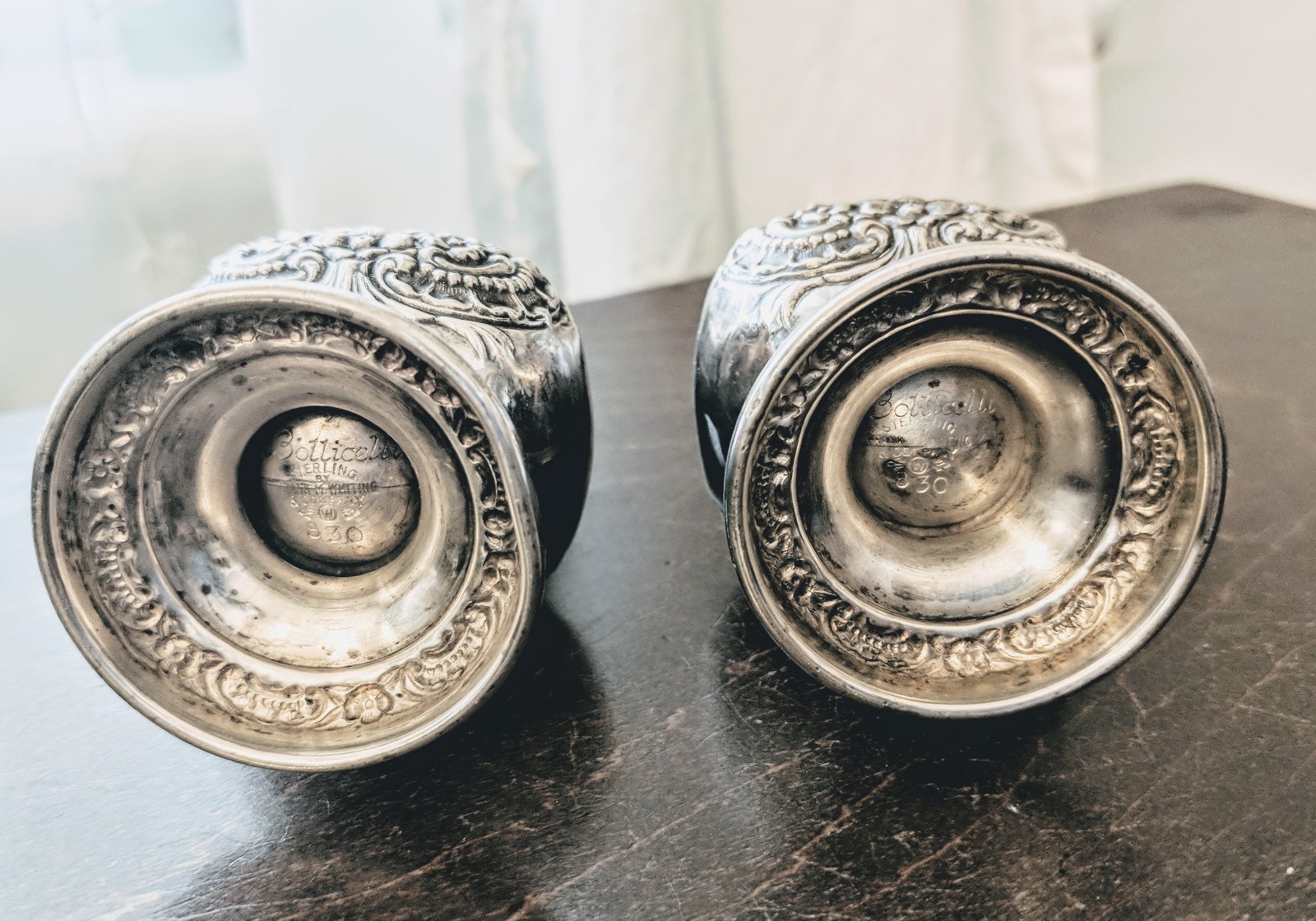 1949 Frank Whiting Botticelli Sterling Silver Repousse Salt Pepper Set 4.5 oz