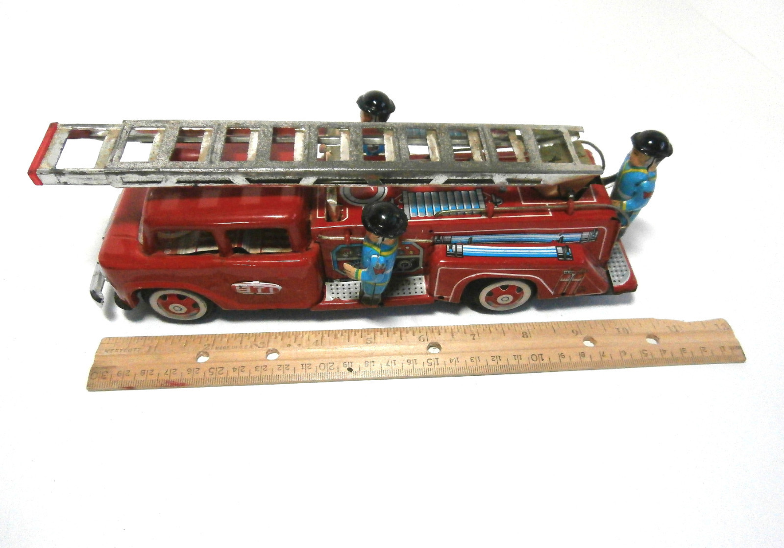 Vintage Collectible Toy Tin Litho Firetruck w/Fireman STI #MF718 Friction Truck