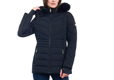 NWT MICHAEL KORS FAUX FUR TRIM HOODED PUFFER COAT JACKET BLACK S 265 723088723738 eBay