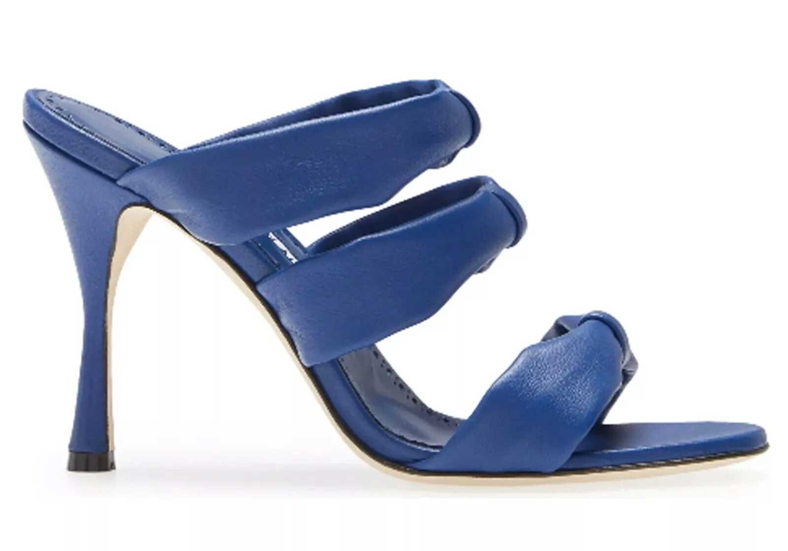 SZ 38.5 Manolo Blahnik Sandals Blue Leather Strappy & Knots