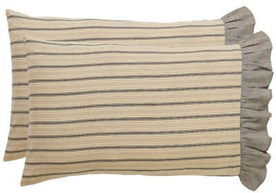 Pillowcase Set of 2 Ruffled Cotton Cream w/ Gray Grain Sack Stripes Sawyer Mill