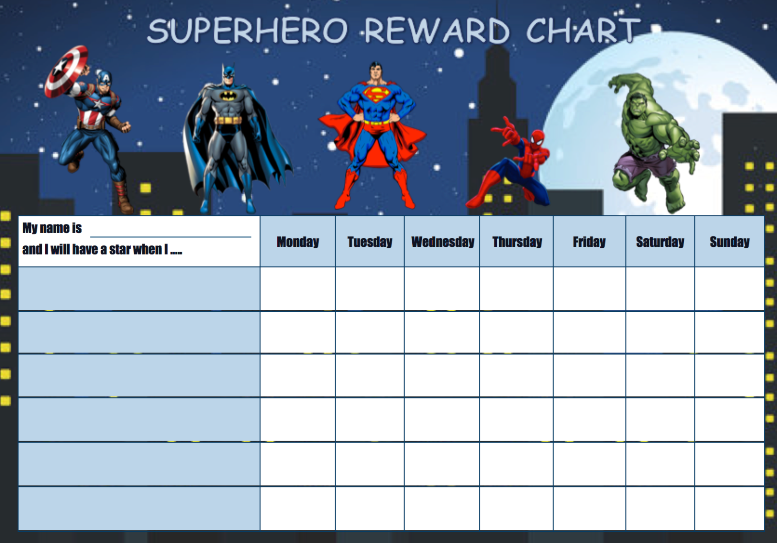 Kids Superhero reward chart + stickers + marker pen | eBay for Free Printable Superhero Sticker Chart