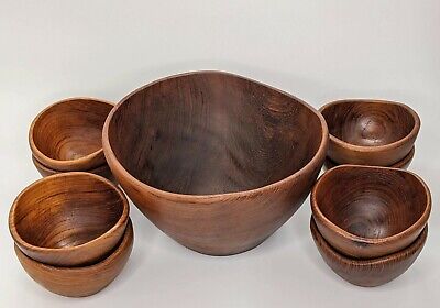Vintage Wooden Salad Bowl Serving Set with Large Bowl 4 Individual Bowls and 2 Spoons Teak Wood Thailand Modern Style