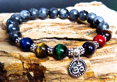 7 Chakra Healing Bracelet Larvikite and Tiger Eye Silver Om Charm Protection