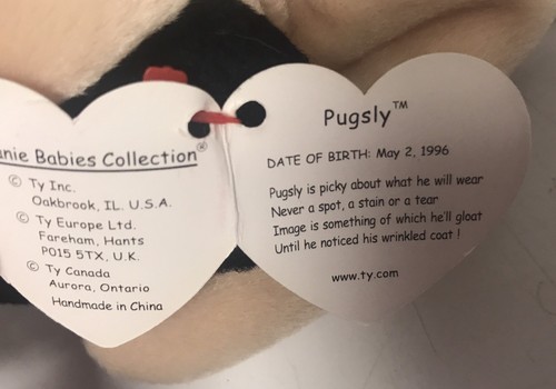 Pugsly the Pug Dog TY Beanie Baby 1996 P.E. Pellets. Beanie Puppy