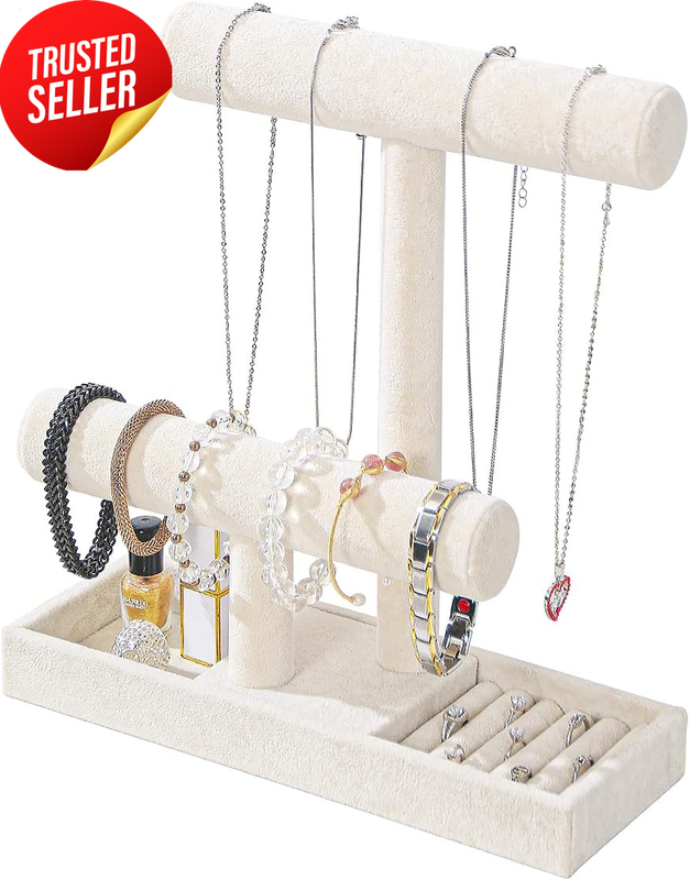 Necklace Holder 2-Tier Ring Tray Organizer Beige