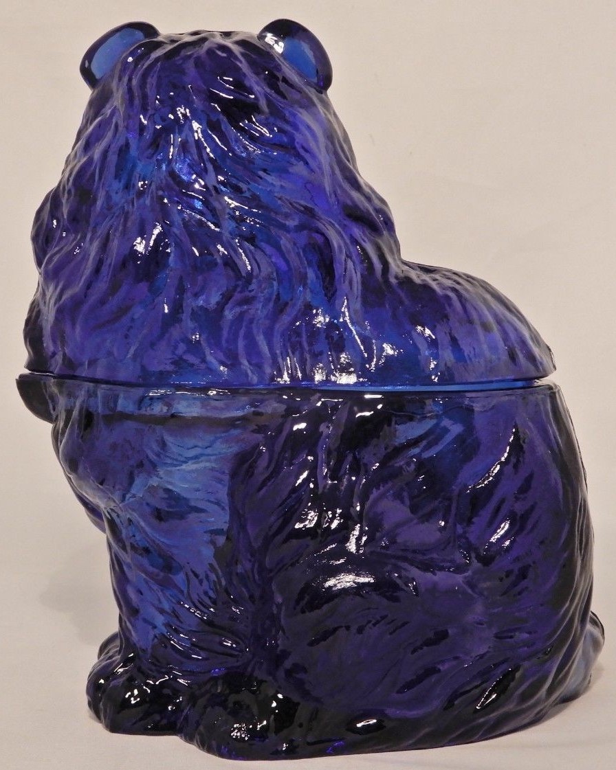 Vintage Cobalt Blue Glass Collie Dog Covered Candy Nut Dish