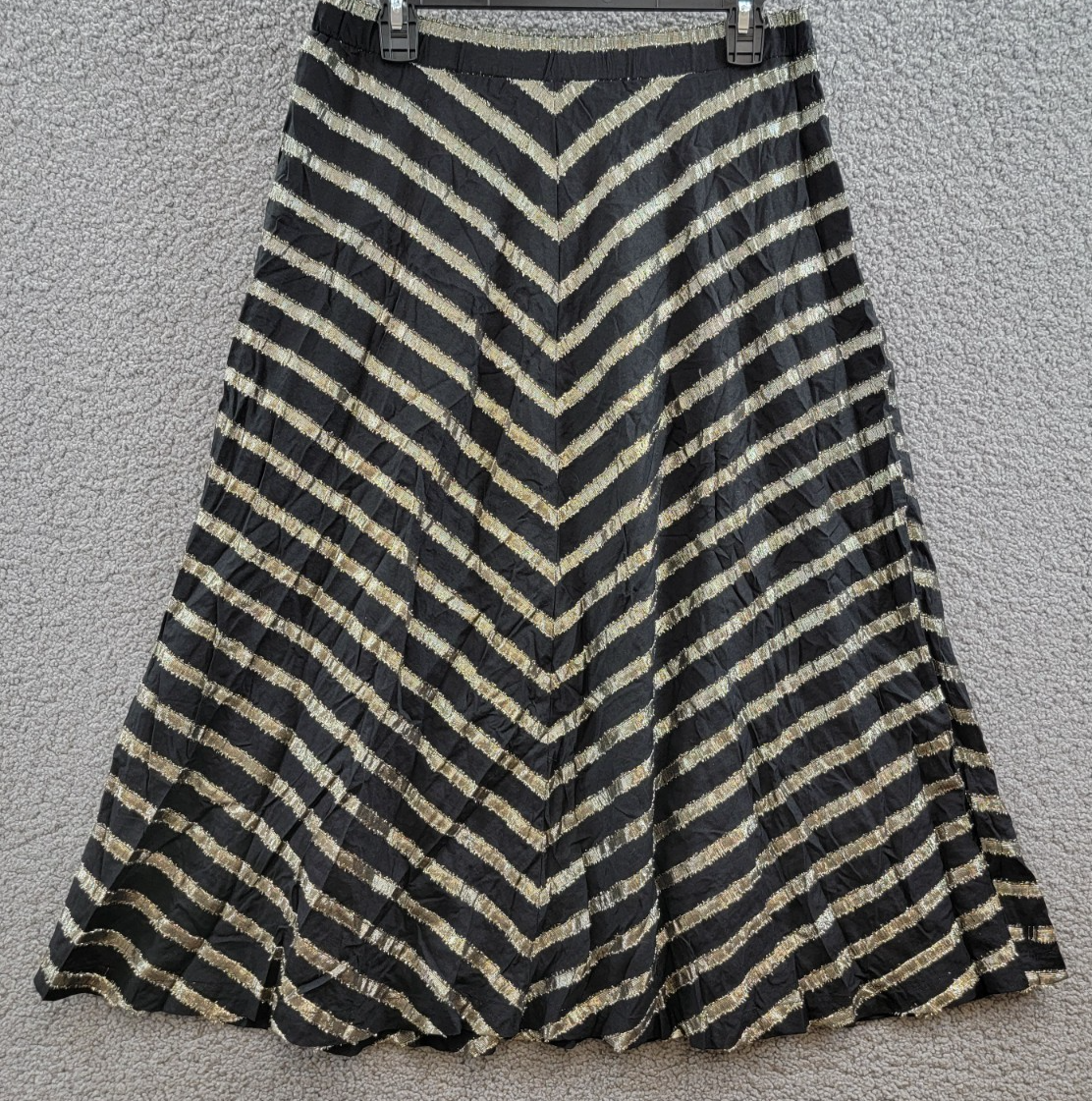 ALFANI Metallic Striped Midi Skirt Women's 8 Black/Gold Elastic Waist Pull On - Picture 2 of 15
