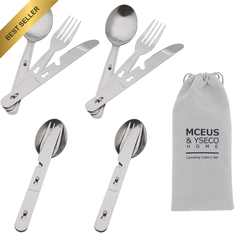 4 in 1 Camping Utensils Set for 4 Portable Cutlery Spoon Fork Knife Opener Bag
