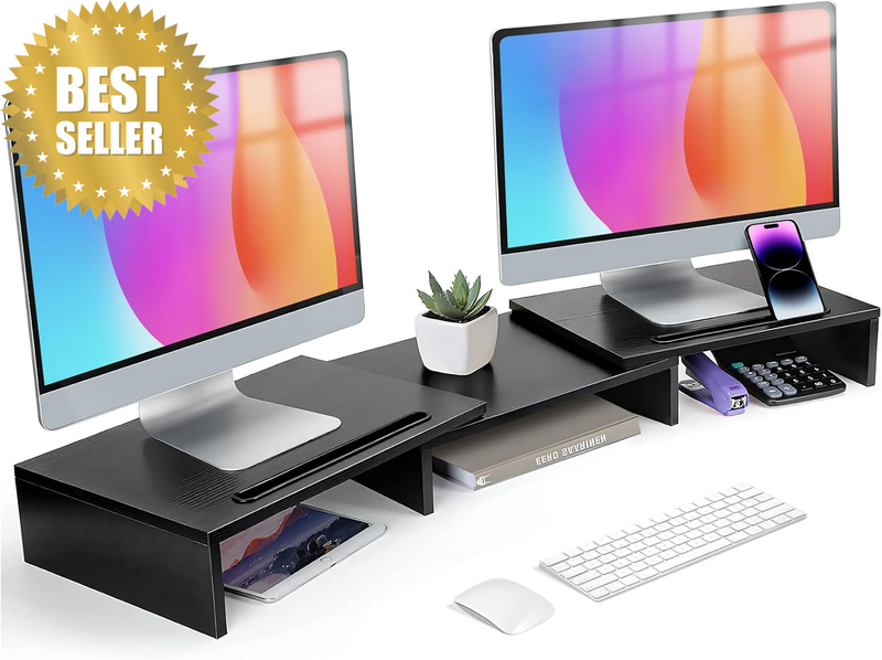 Dual Monitor Stand Riser 3 Shelf Screen Stand with Adjustable Length and Angle,