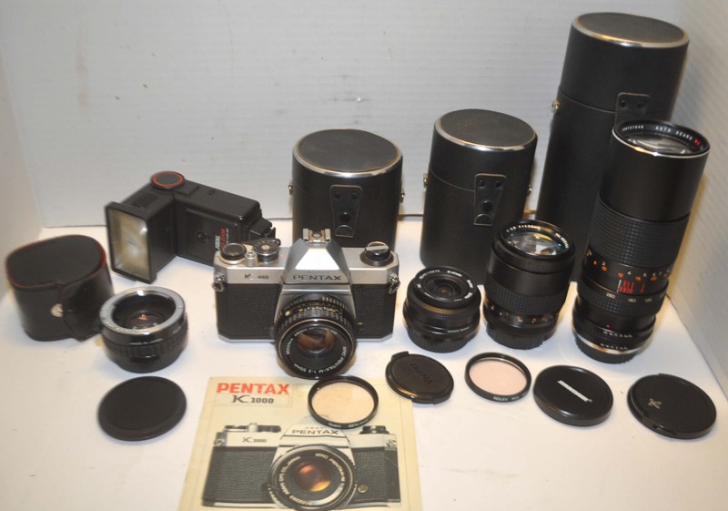 Pentax Asahi K1000 Slr Film Camera Kit W/ 5 Lenses & Flash + Filters