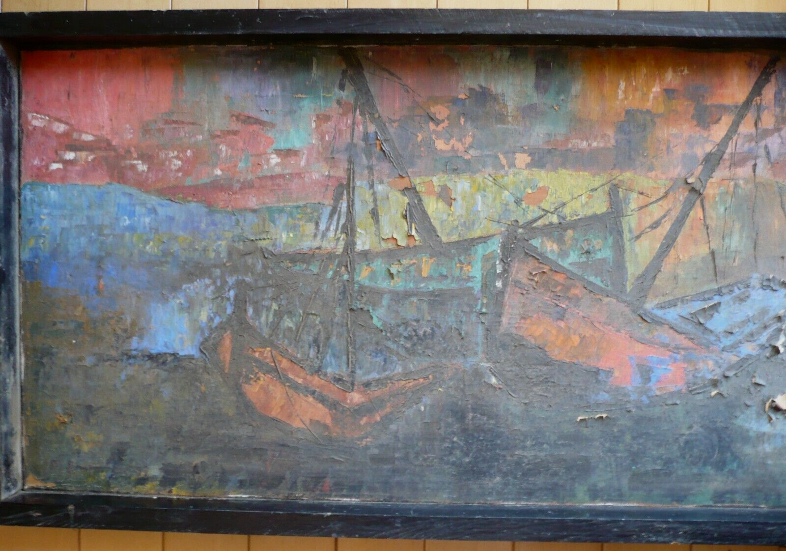 MYSTERY OLD ART - NEEDS RESTORATION, MODERN SEMI ABSTRACTION BOATS COLORFUL OIL
