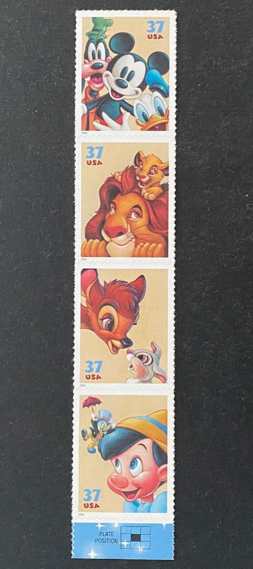 US Stamps, Scott #3865-68 The Art of Disney vertical strip