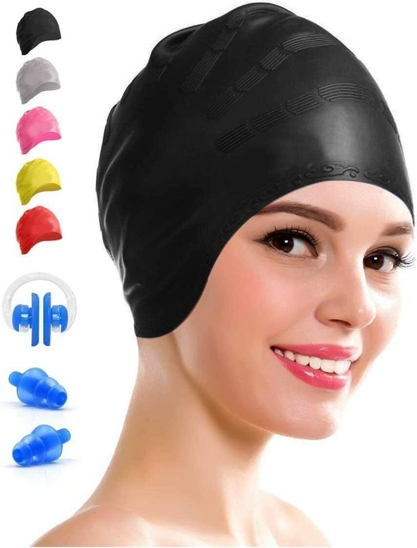 Recaceik Swim Cap Cover Ears for Long Hair, Silicone Swimming Black eBay
