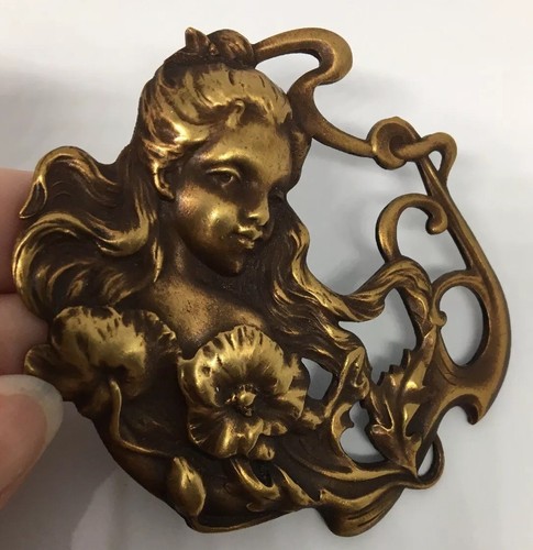 Art Nouveau Brass Ladies Pendant Romantic Belle Epoque