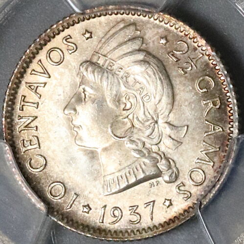 1937 PCGS MS 65 Dominican Republic 10 Centavos Silver Scarce Coin (22051101D)
