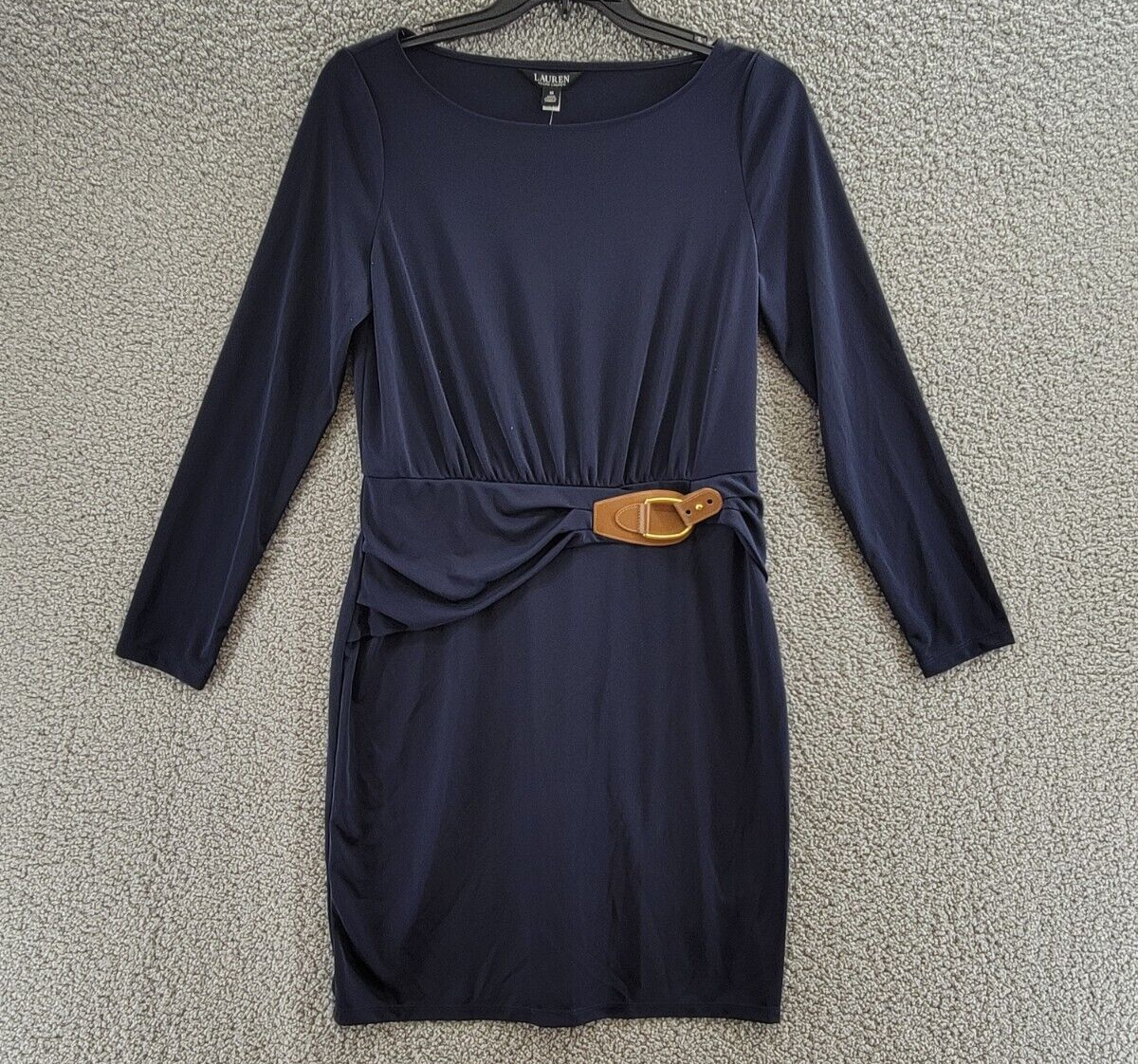 Lauren Ralph Lauren Buckle-Trim Stretch Jersey Dress Women's 10 Navy Long Sleeve - Picture 2 of 16