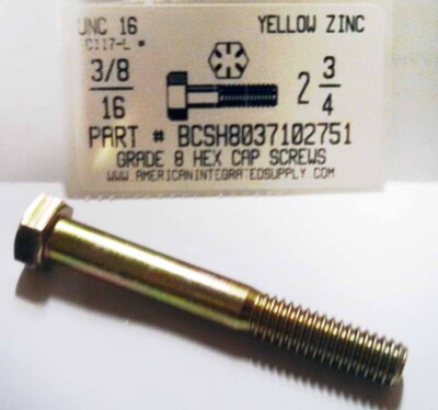 3/8-16x2-3/4 Hex Head Cap Screws Grade 8 Steel Zinc Yellow Plated (5)