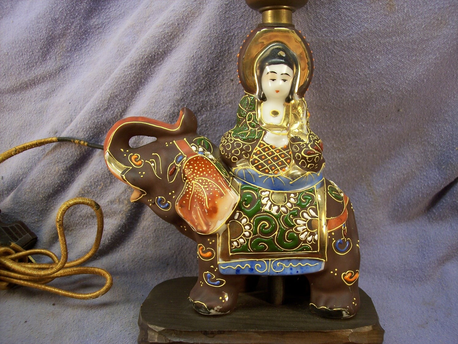 ANTIQUE MORIAGE SATSUMA ELEPHANT LAMP WITH GODDESS