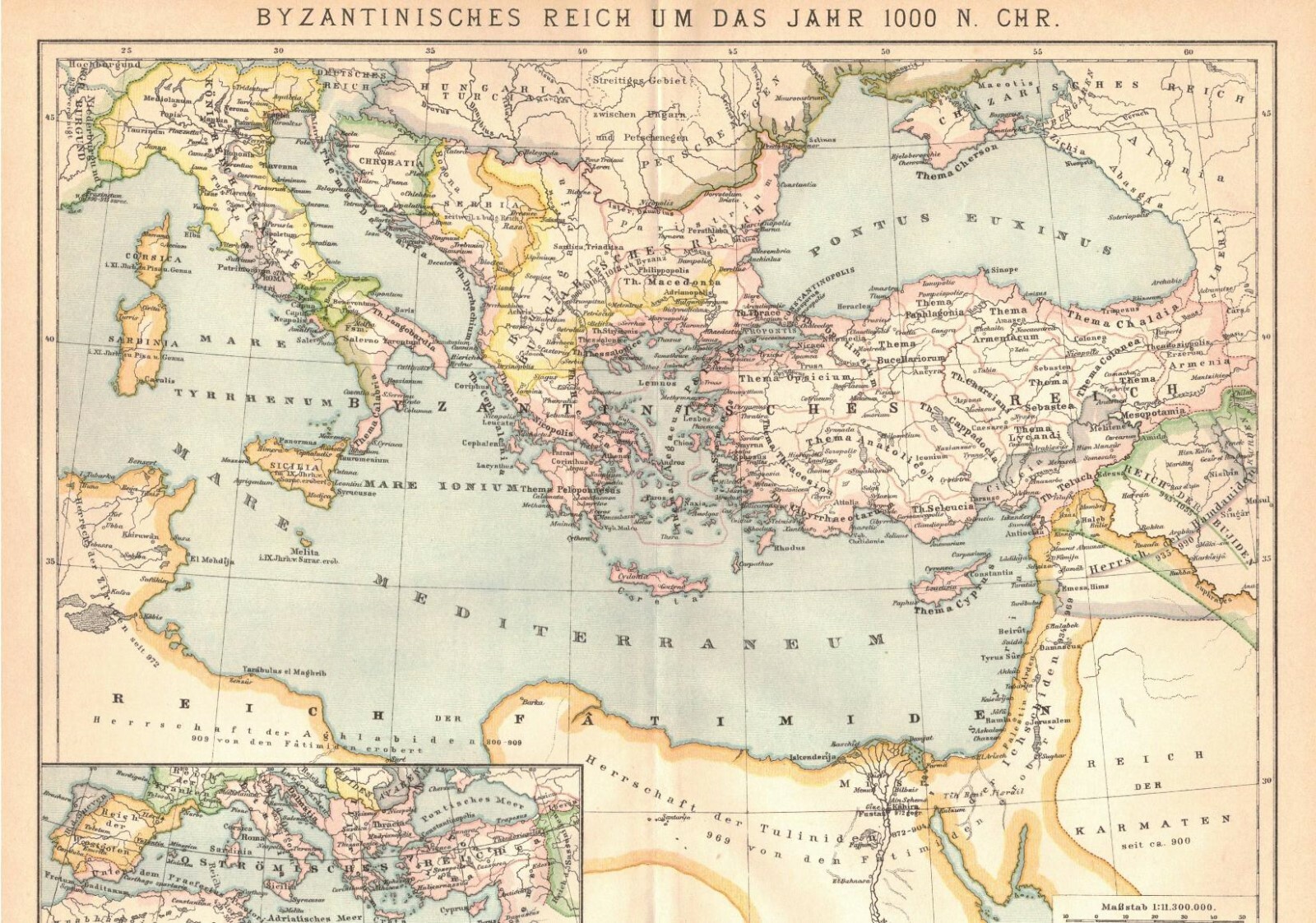  Landkarte Byzantinisches Reich um 1000, Lithographie. 
