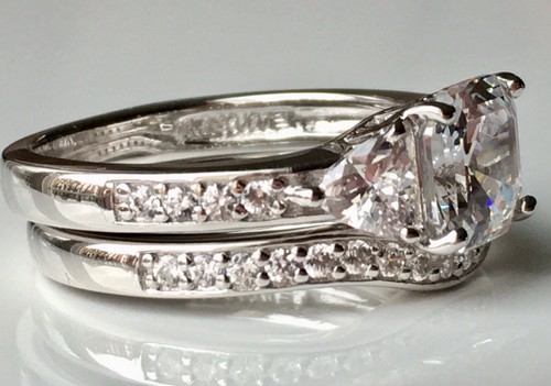 Diamonique 2.90 cttw Asscher Bridal Ring Set, Platinum Clad SZ 8 Brand NEW