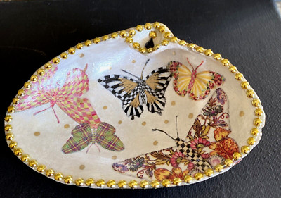 CLAM Shell Ring/Jewelry Dish -Decoupaged with Butterfly Napkin Ring Trinket NEW