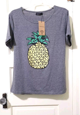 NEW Womens Zawapemia Jersey Knit Top Shirt Small Gray Pineapple Yellow Short Slv